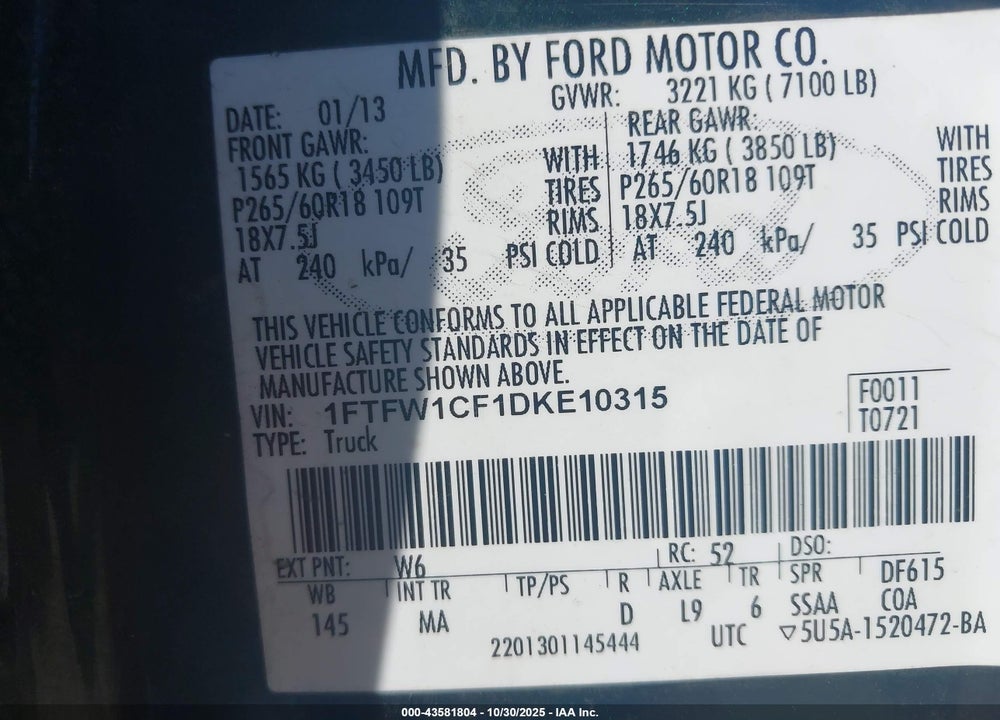 2013 FORD F-150 VIN: 1FTFW1CF1DKE10315