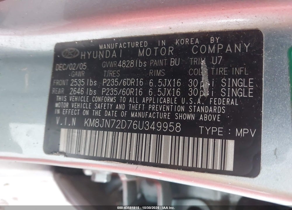 2006 HYUNDAI TUCSON VIN: KM8JN72D76U349958