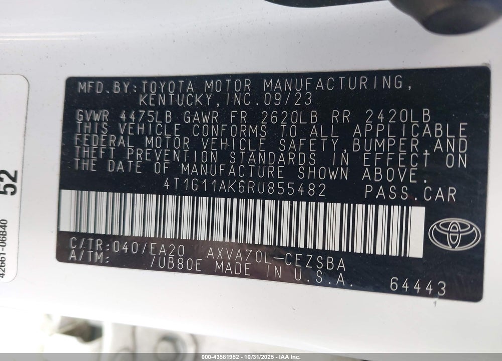 2024 TOYOTA CAMRY VIN: 4T1G11AK6RU855482