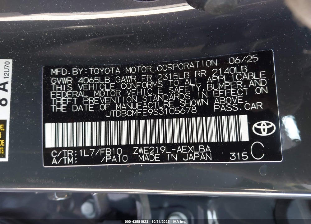 2025 TOYOTA COROLLA HYBRID LE VIN: JTDBCMFE9S3105678