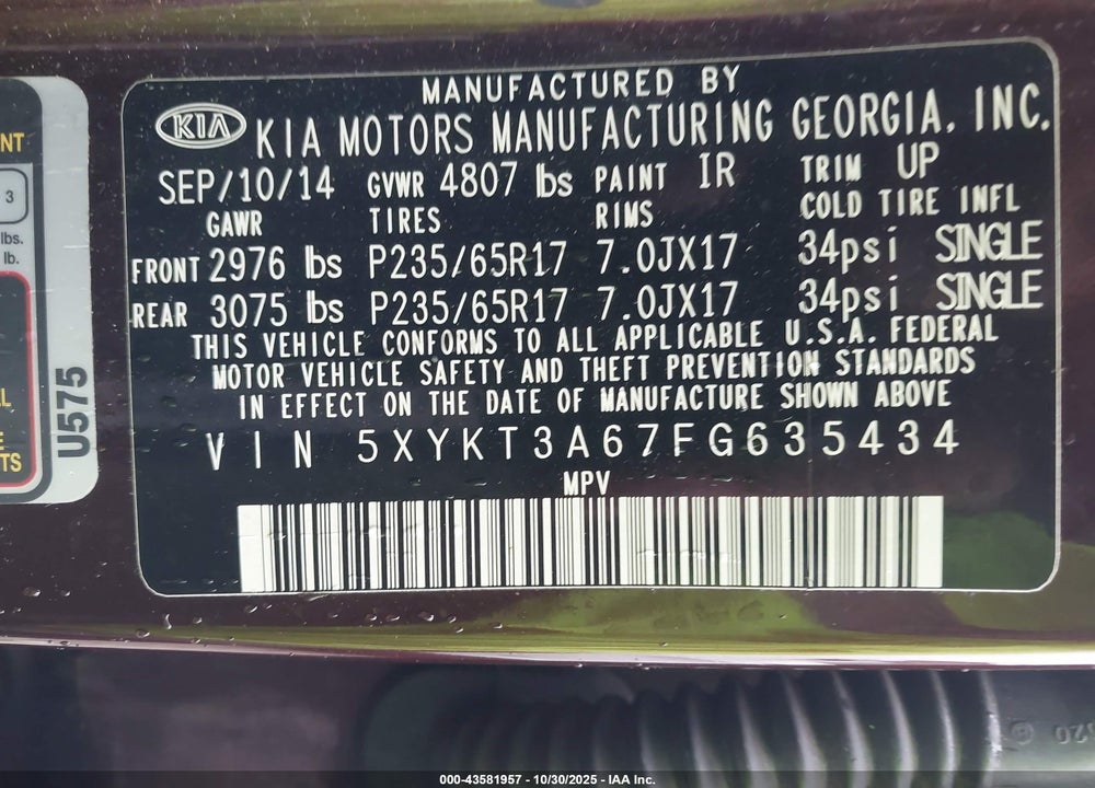 2015 KIA SORENTO VIN: 5XYKT3A67FG635434