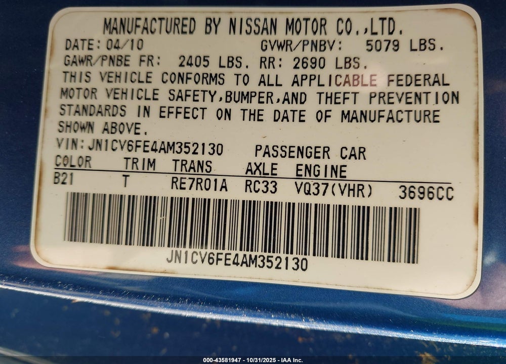 2010 INFINITI G37 VIN: JN1CV6FE4AM352130