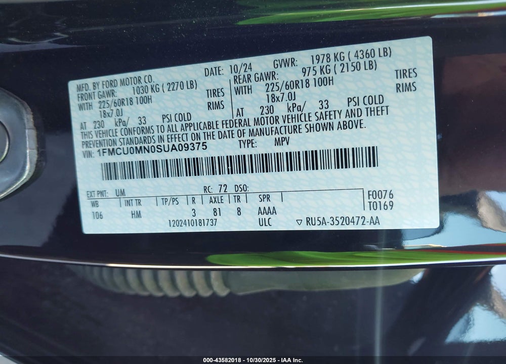 2025 FORD ESCAPE VIN: 1FMCU0MN0SUA09375