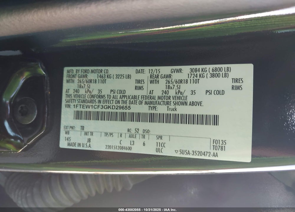 2016 FORD F-150 XLT VIN: 1FTEW1CF3GKD29655
