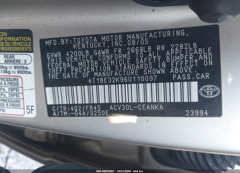2006 TOYOTA CAMRY VIN: 4T1BE32K96U110097