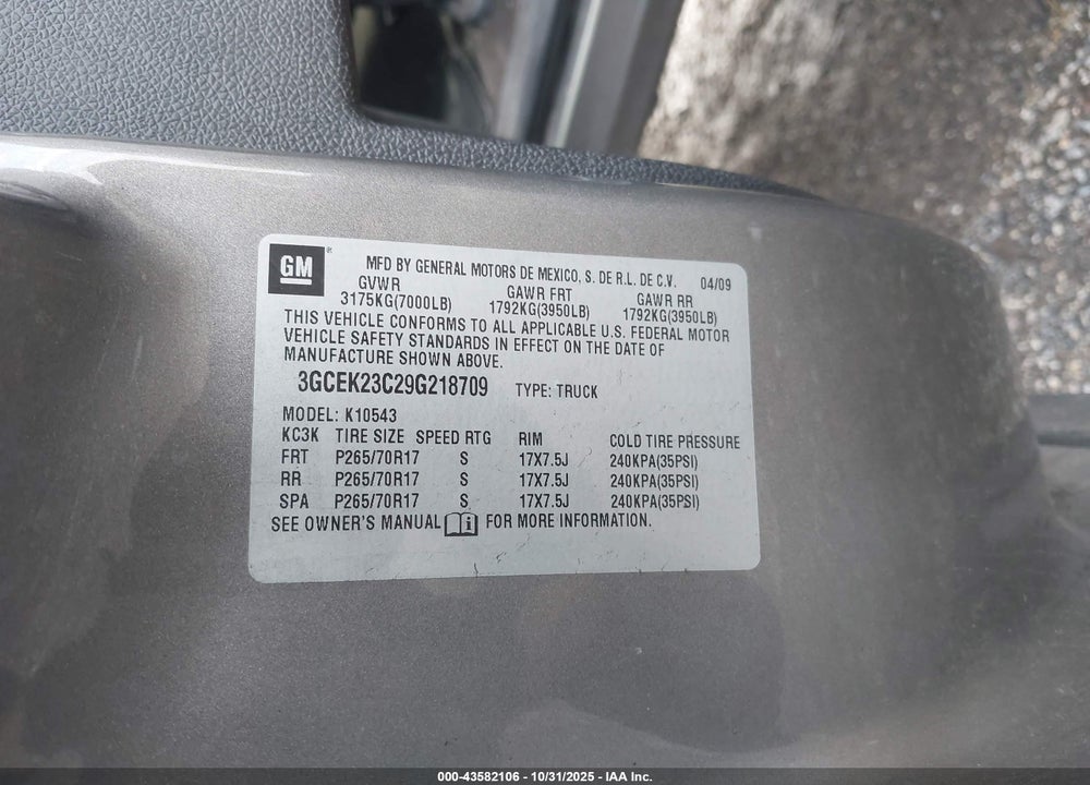 2009 CHEVROLET SILVERADO 1500 LT VIN: 3GCEK23C29G218709