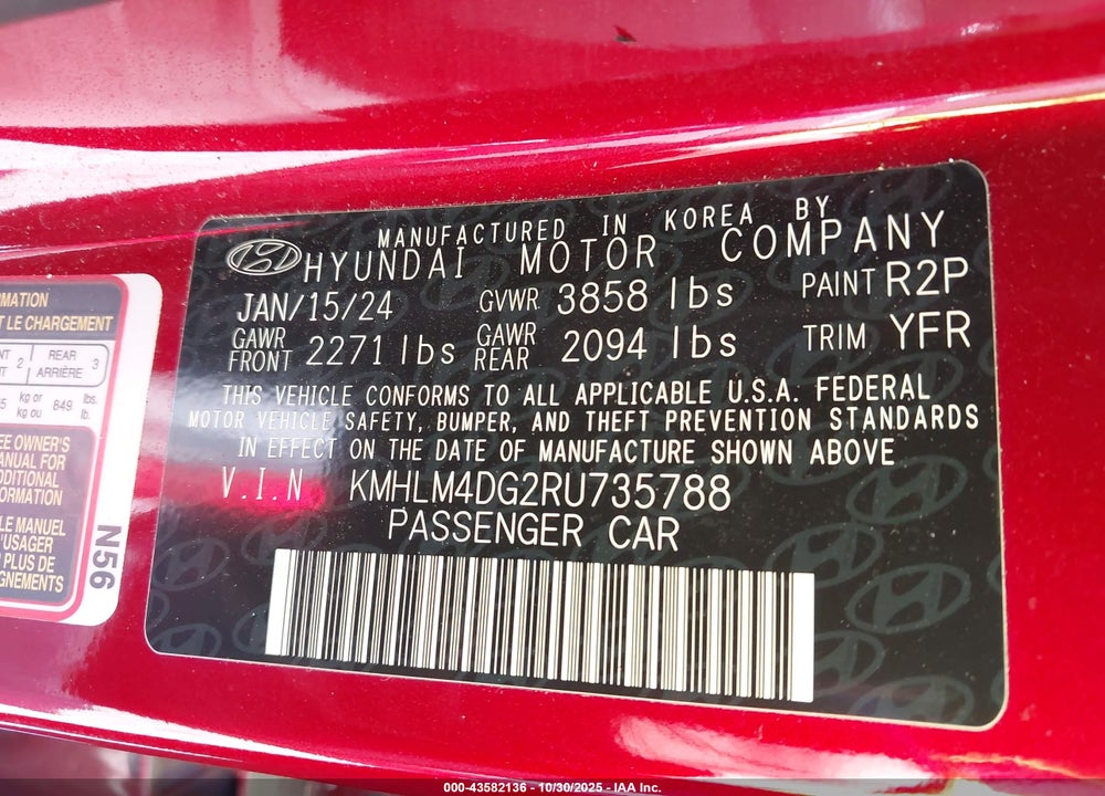 2024 HYUNDAI ELANTRA SEL VIN: KMHLM4DG2RU735788