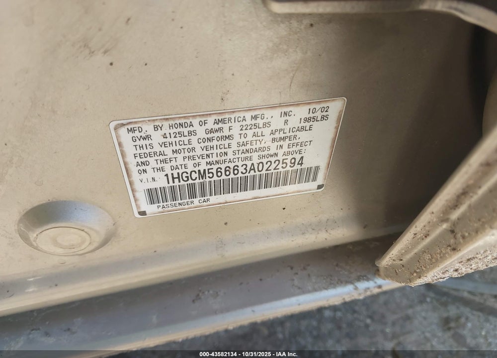 2003 HONDA ACCORD 2.4 EX VIN: 1HGCM56663A022594
