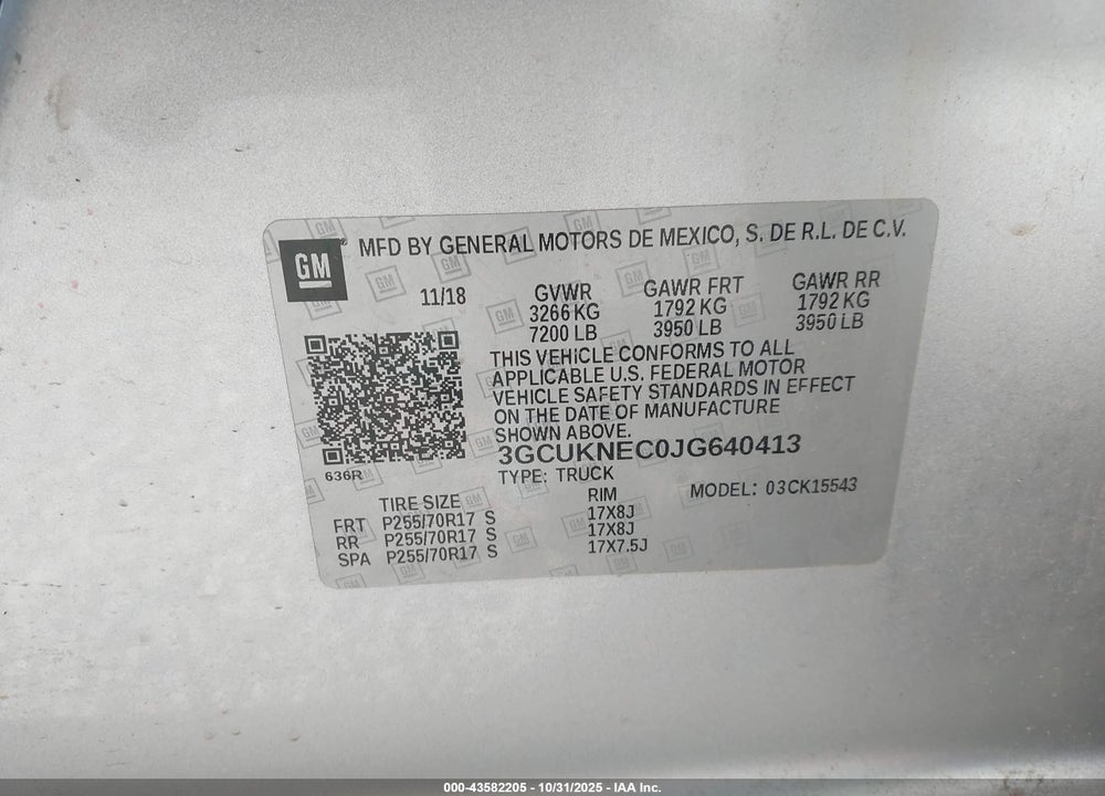 2018 CHEVROLET SILVERADO 1500 VIN: 3GCUKNEC0JG640413