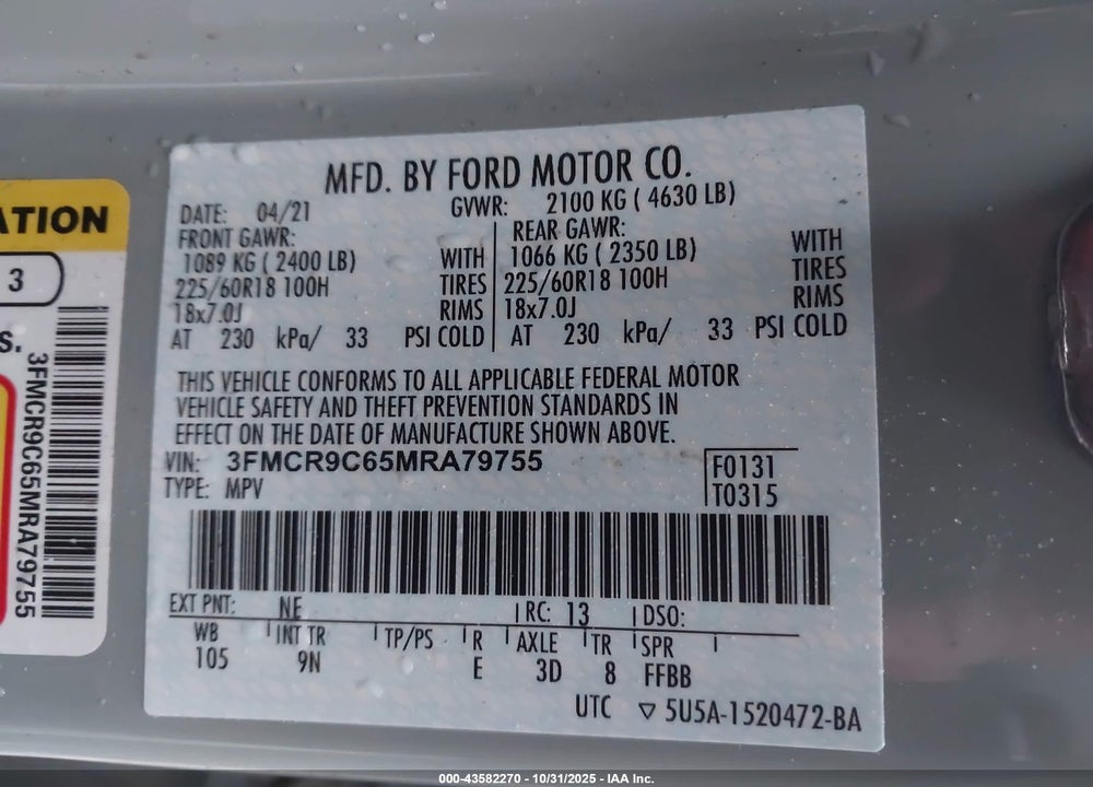 2021 FORD BRONCO SPORT OUTER BANKS VIN: 3FMCR9C65MRA79755
