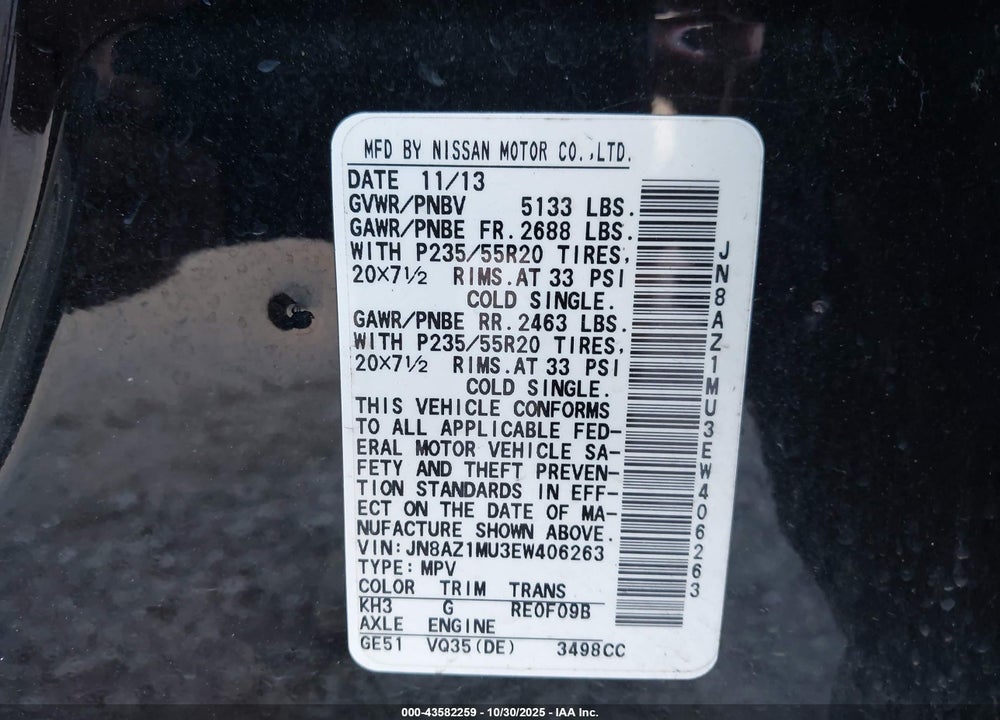2014 NISSAN MURANO VIN: JN8AZ1MU3EW406263