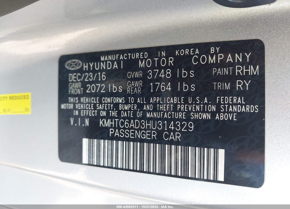 2017 HYUNDAI VELOSTER VIN: KMHTC6AD3HU314329