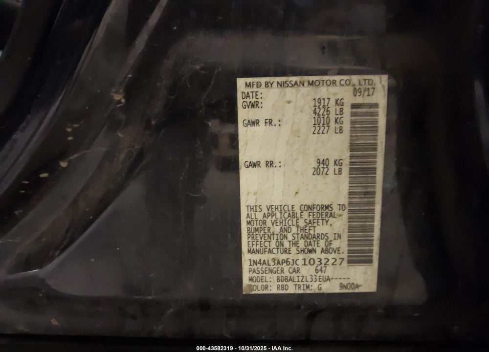 2018 NISSAN ALTIMA 2.5 SV VIN: 1N4AL3AP6JC103227