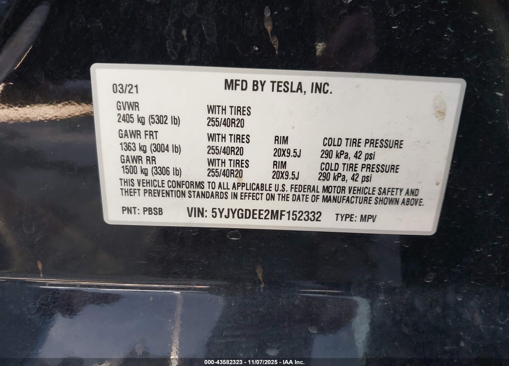 2021 TESLA MODEL Y LONG RANGE DUAL MOTOR ALL-WHEEL DRIVE VIN: 5YJYGDEE2MF152332