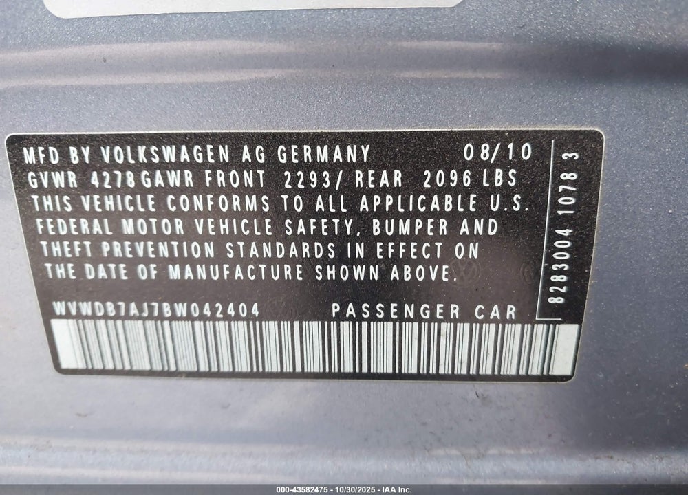 2011 VOLKSWAGEN GOLF 2.5L 4-DOOR VIN: WVWDB7AJ7BW042404
