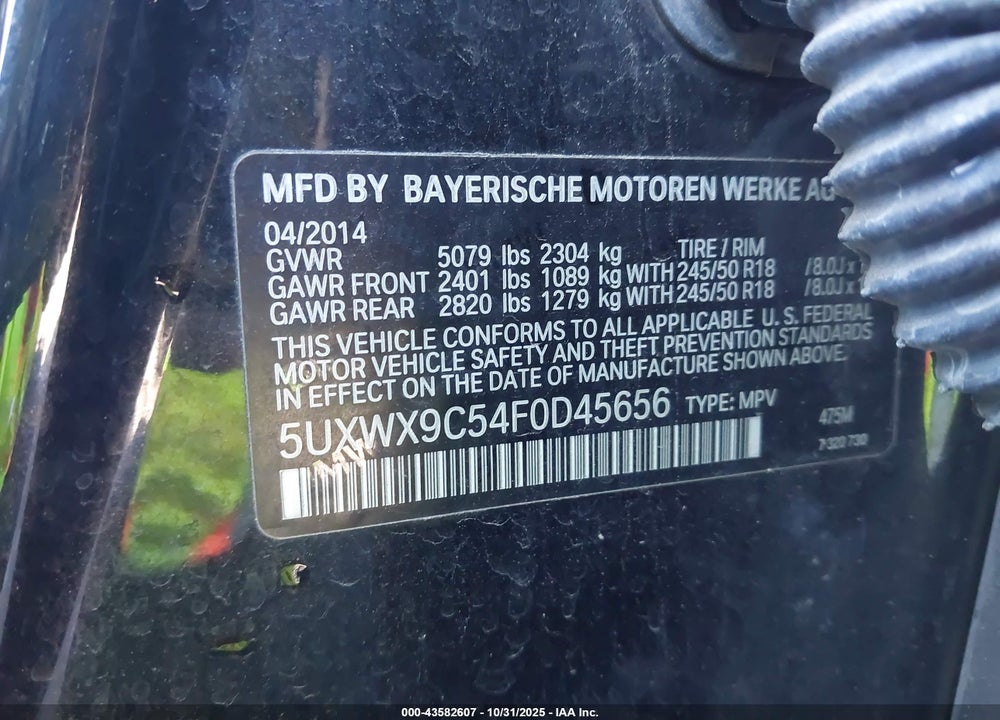 2015 BMW X3 XDRIVE28I VIN: 5UXWX9C54F0D45656
