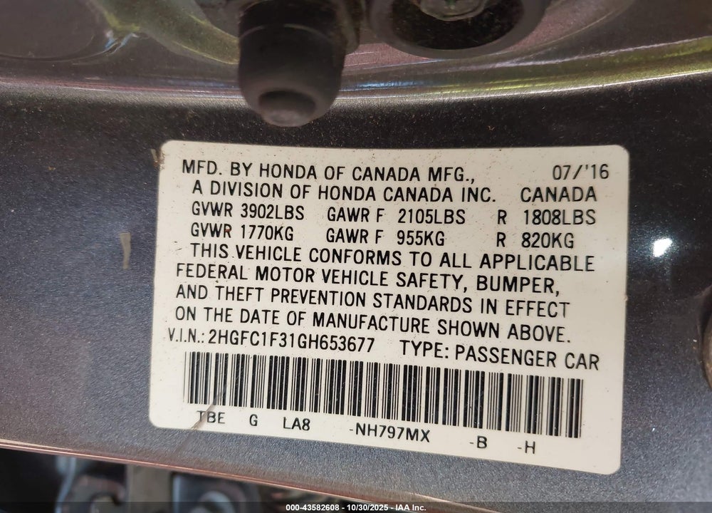 2016 HONDA CIVIC EX-T VIN: 2HGFC1F31GH653677