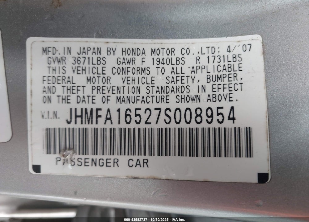2007 HONDA CIVIC VIN: JHMFA16527S008954