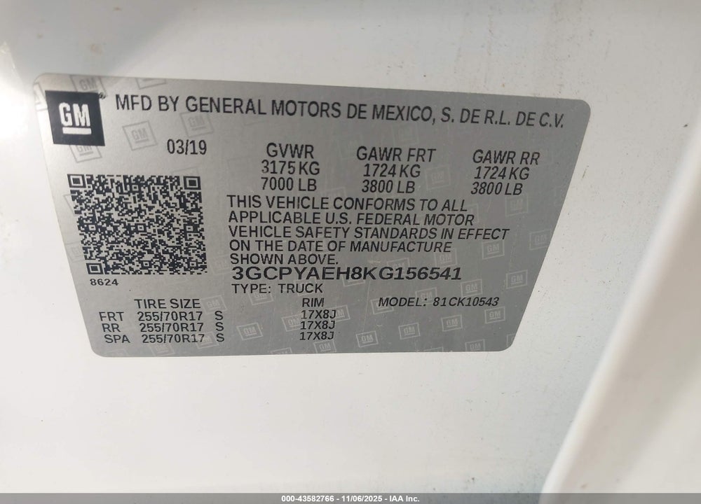 2019 CHEVROLET SILVERADO 1500 WORK TRUCK VIN: 3GCPYAEH8KG156541