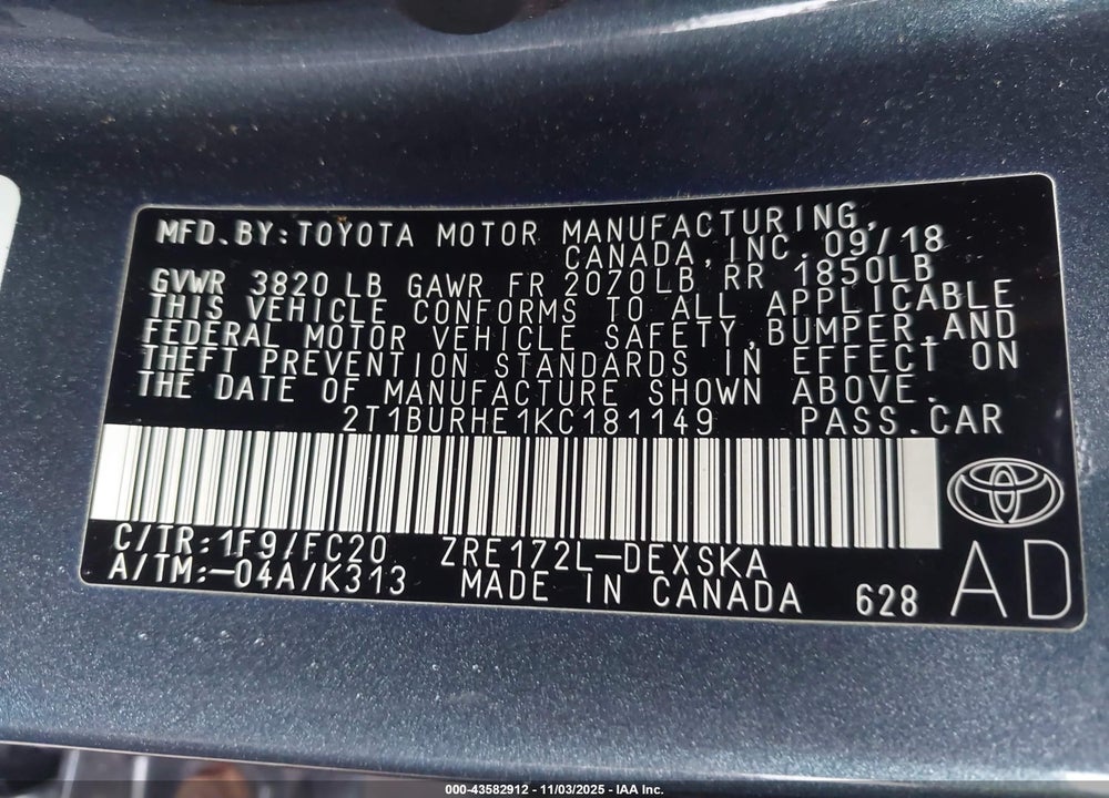 2019 TOYOTA COROLLA SE VIN: 2T1BURHE1KC181149