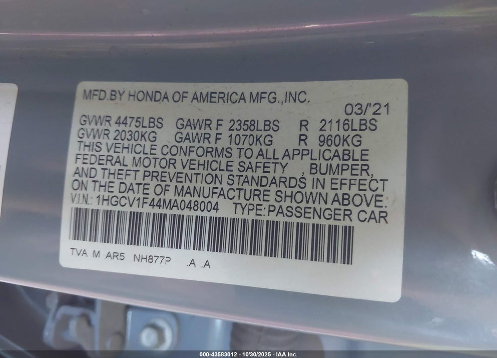2021 HONDA ACCORD SPORT SPECIAL EDITION VIN: 1HGCV1F44MA048004