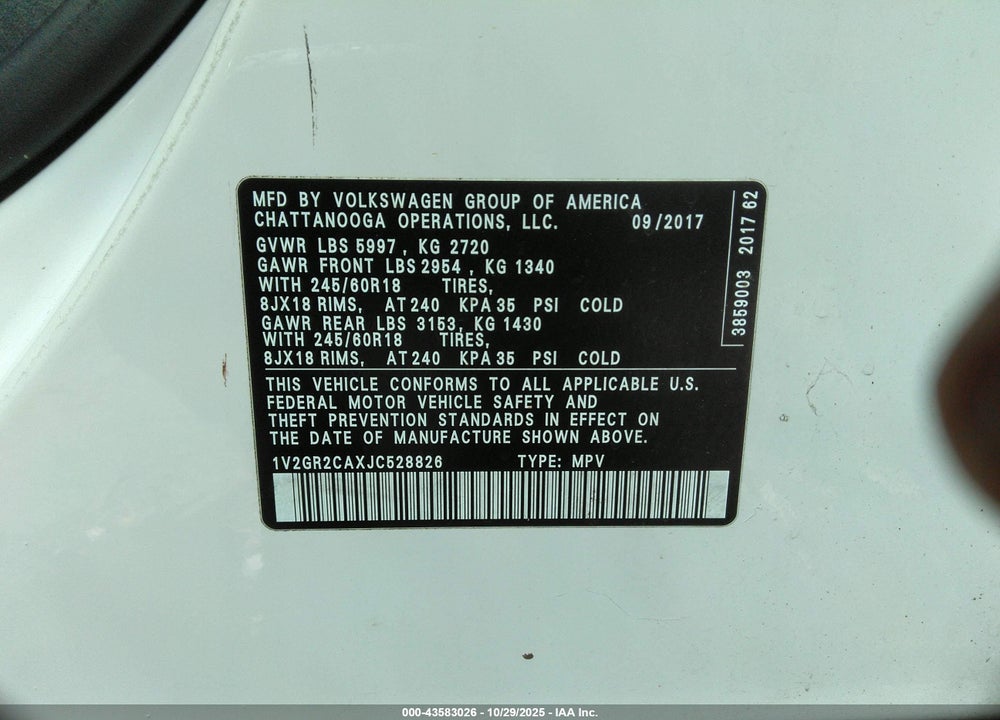 2018 VOLKSWAGEN ATLAS 3.6L V6 S VIN: 1V2GR2CAXJC528826