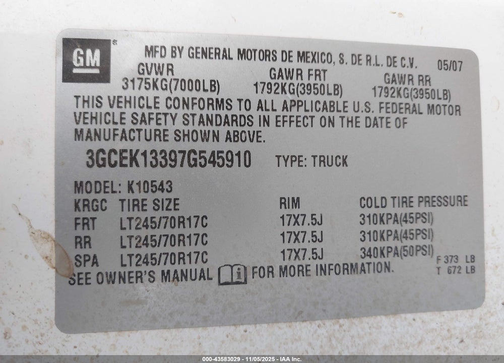 2007 CHEVROLET SILVERADO 1500 LT1 VIN: 3GCEK13397G545910