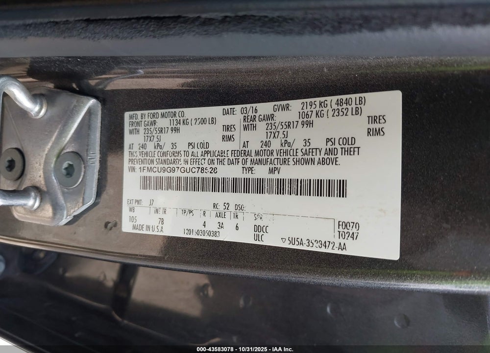2016 FORD ESCAPE SE VIN: 1FMCU9G97GUC78628