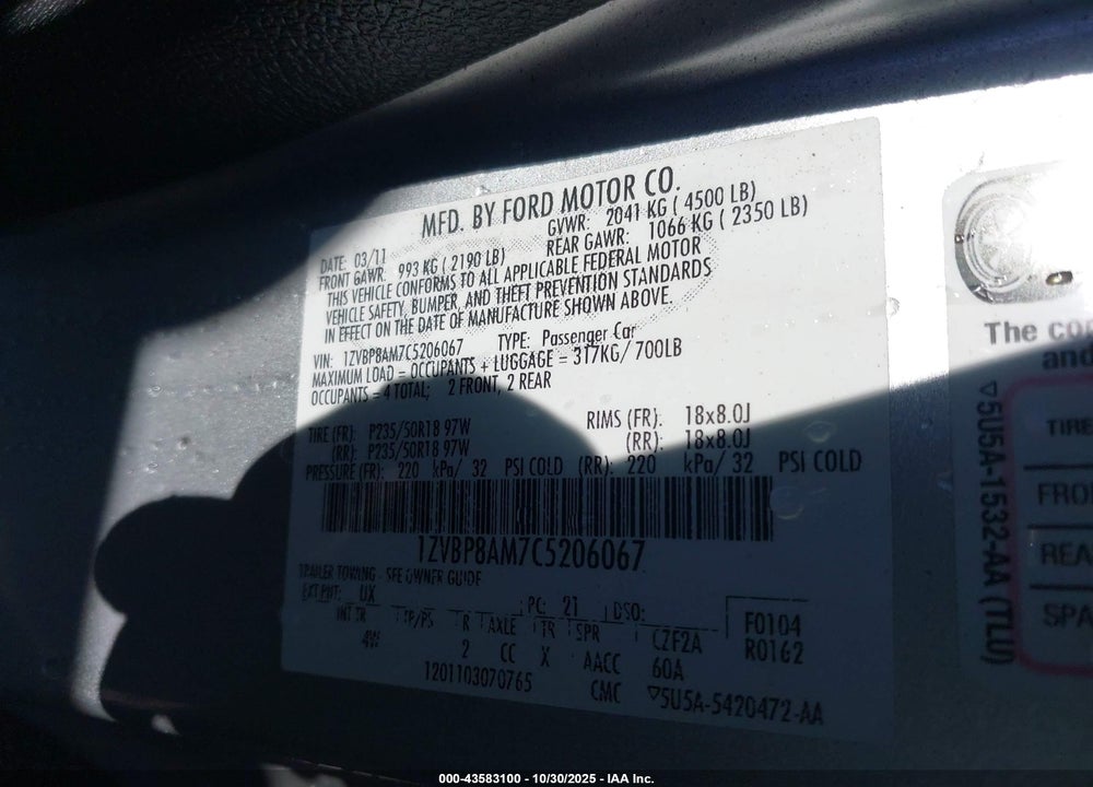 2012 FORD MUSTANG V6 PREMIUM VIN: 1ZVBP8AM7C5206067