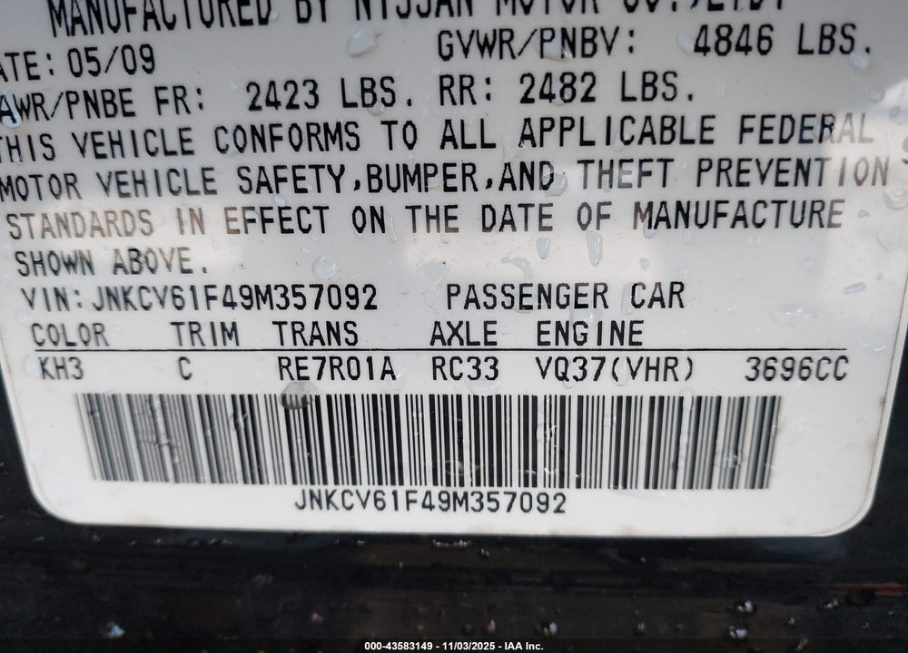 2009 INFINITI G37X VIN: JNKCV61F49M357092