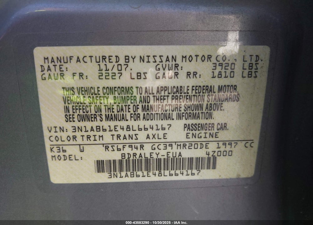 2008 NISSAN SENTRA 2.0S VIN: 3N1AB61E48L664167
