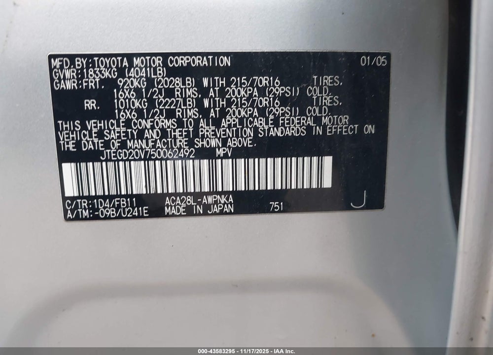 2005 TOYOTA RAV4 VIN: JTEGD20V750062492