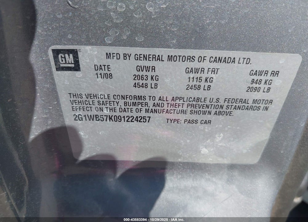 2009 CHEVROLET IMPALA LS VIN: 2G1WB57K091224257