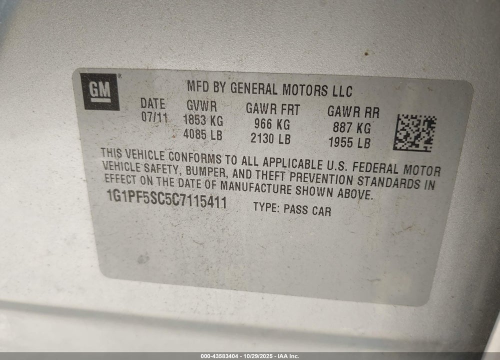 2012 CHEVROLET CRUZE 1LT VIN: 1G1PF5SC5C7115411