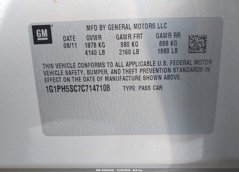 2012 CHEVROLET CRUZE LTZ VIN: 1G1PH5SC7C7147108