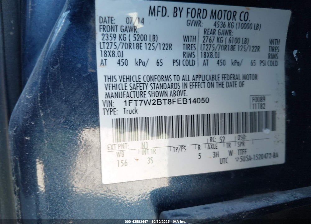 2015 FORD F-250 VIN: 1FT7W2BT8FEB14050
