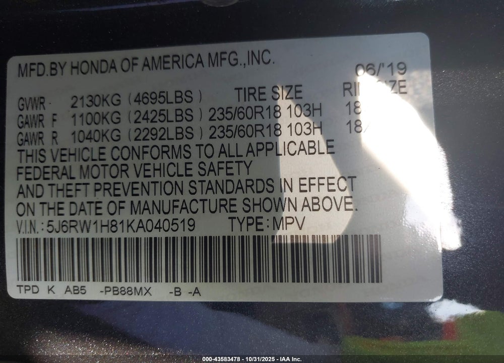 2019 HONDA CR-V EX-L VIN: 5J6RW1H81KA040519