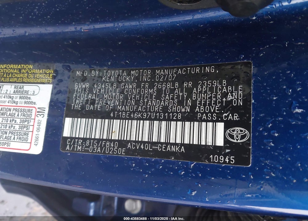 2007 TOYOTA CAMRY LE VIN: 4T1BE46K97U131128