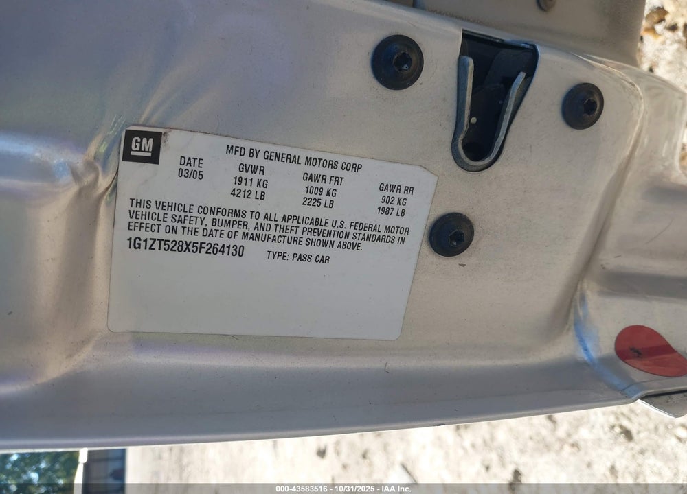 2005 CHEVROLET MALIBU LS VIN: 1G1ZT528X5F264130