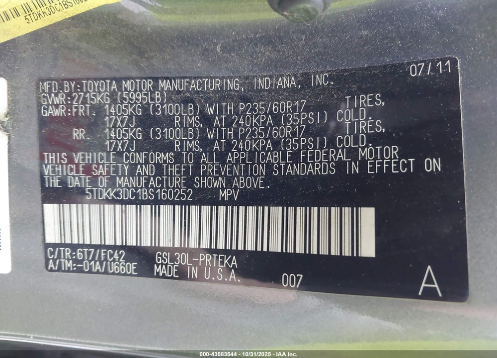 2011 TOYOTA SIENNA LE V6 VIN: 5TDKK3DC1BS160252