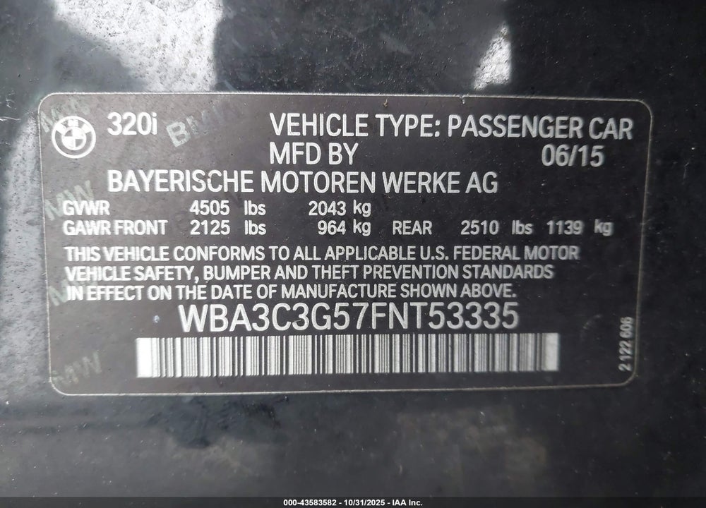 2015 BMW 320I XDRIVE VIN: WBA3C3G57FNT53335