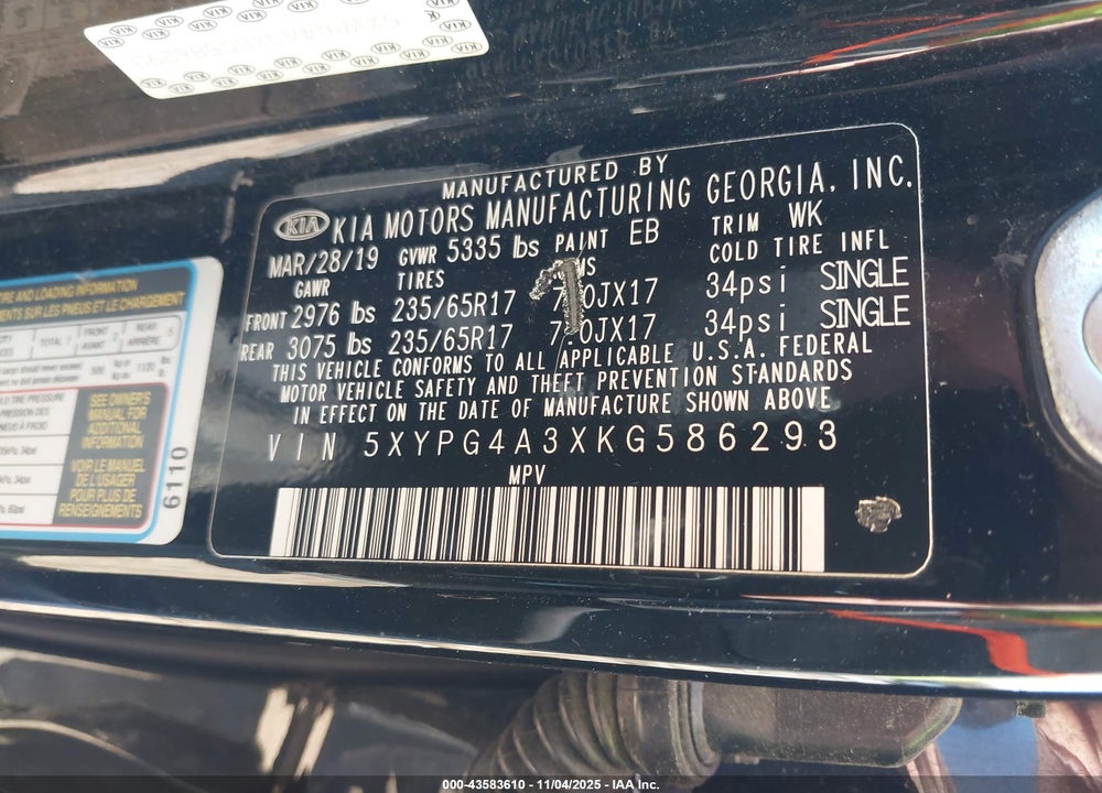 2019 KIA SORENTO VIN: 5XYPG4A3XKG586293