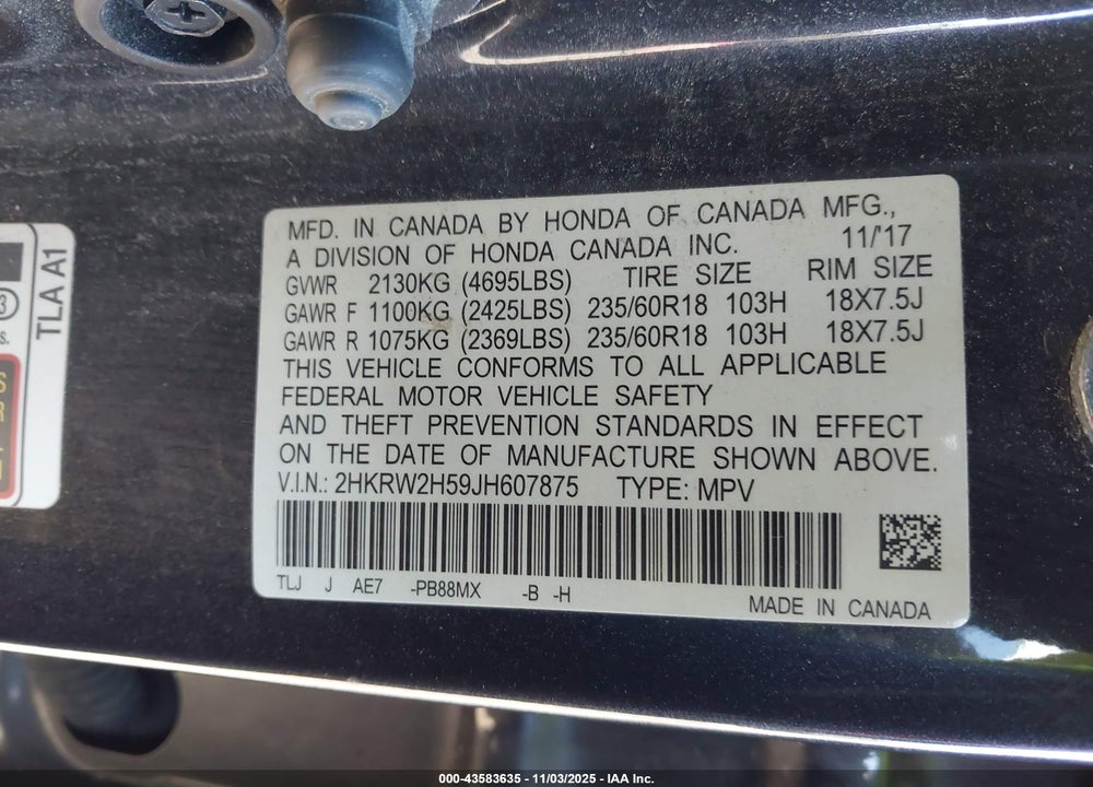 2018 HONDA CR-V EX VIN: 2HKRW2H59JH607875
