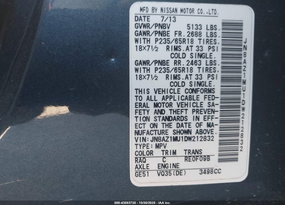2013 NISSAN MURANO S VIN: JN8AZ1MU1DW212832