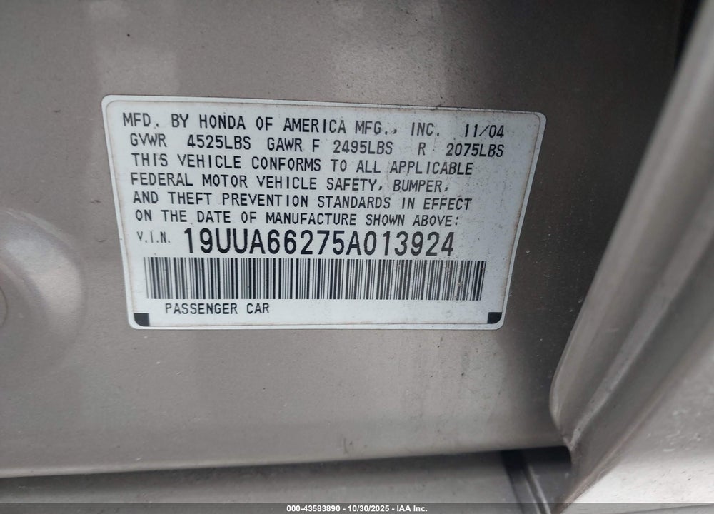 2005 ACURA TL VIN: 19UUA66275A013924