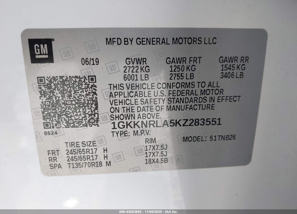 2019 GMC ACADIA SLE-1 VIN: 1GKKNRLA5KZ283551
