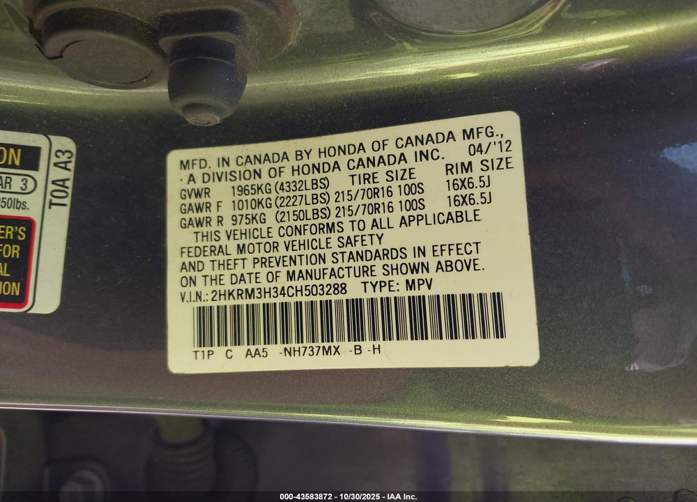 2012 HONDA CR-V LX VIN: 2HKRM3H34CH503288