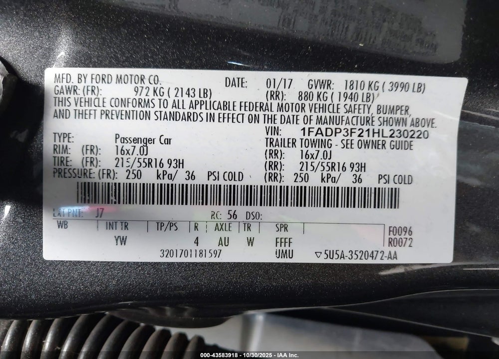 2017 FORD FOCUS SE VIN: 1FADP3F21HL230220