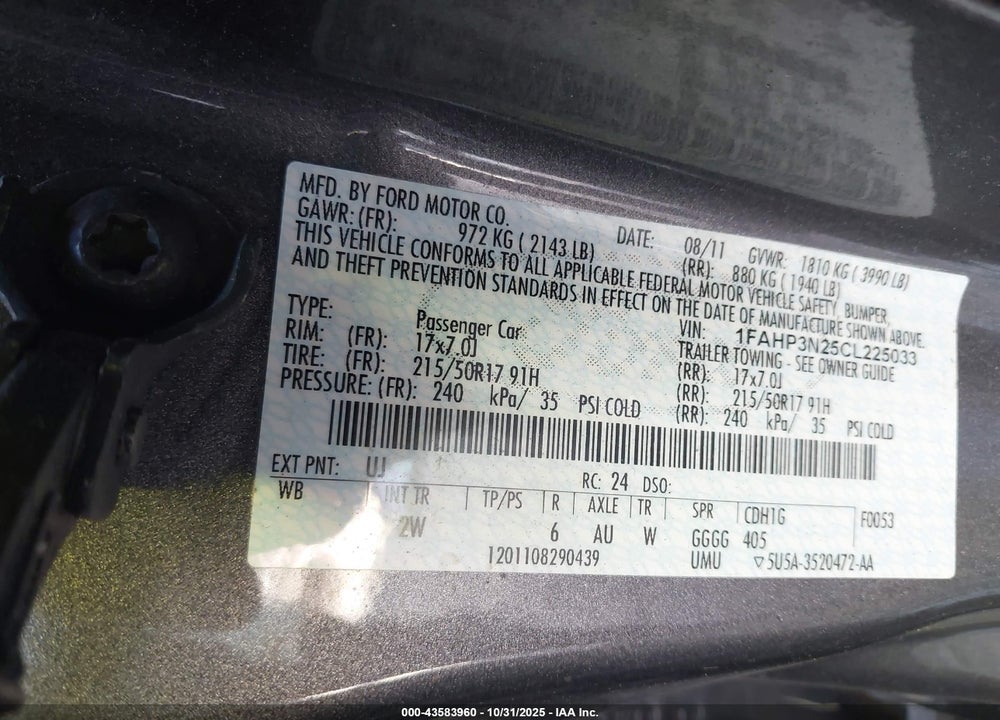 2012 FORD FOCUS VIN: 1FAHP3N25CL225033