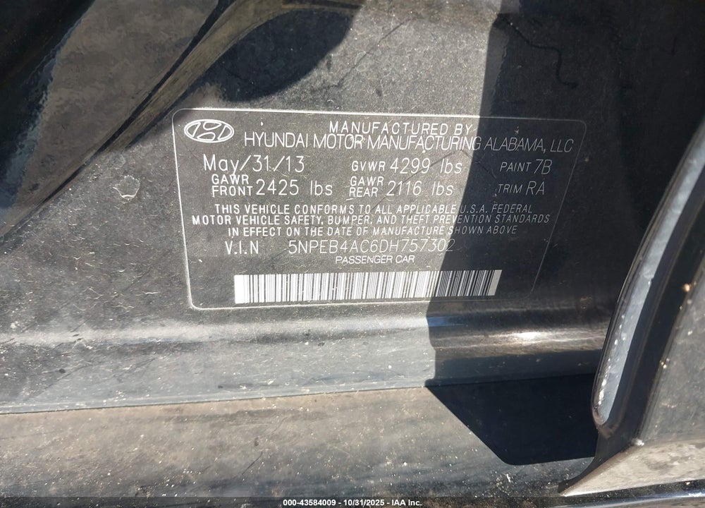 2013 HYUNDAI SONATA GLS VIN: 5NPEB4AC6DH757302